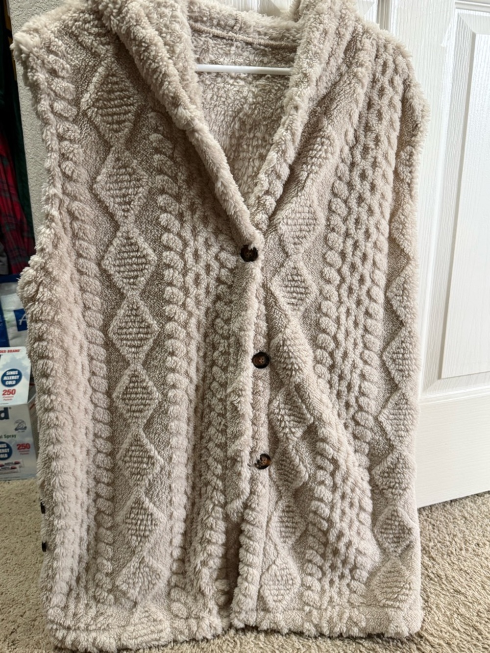 Cozy Shawl Collar Cable-Knit Plush Vest - Cream
